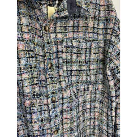 mnml Raw Edge Flannel Shirt Jacket Blue White Plaid Tweed Frayed Hem Men's L - Picture 2 of 8